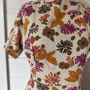 vintage 1970s floral butterfly print hemp and linen dress